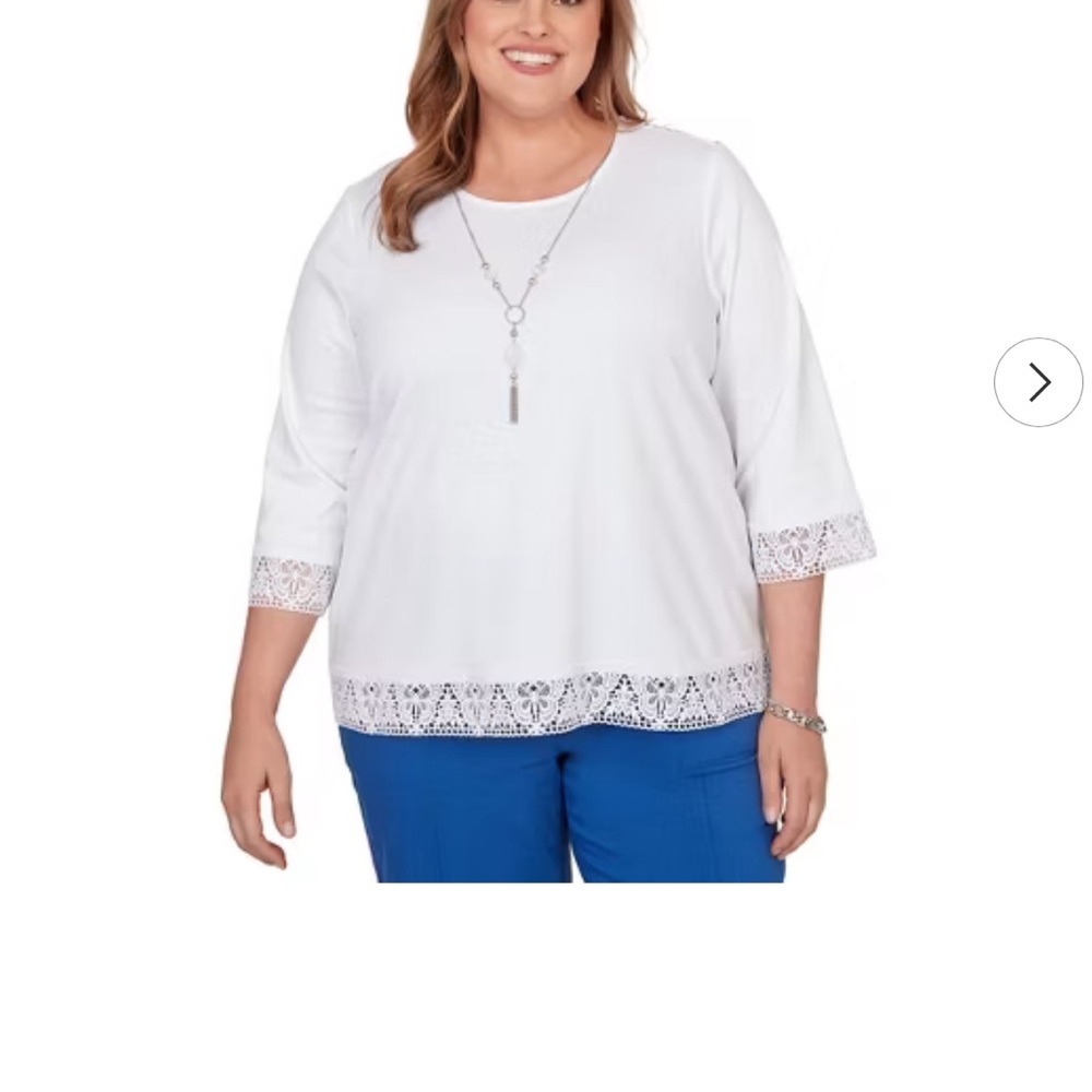 Alfred Dunner Womens Plus-Size Embellished Lace Trim Top W/Necklace, White, 2X